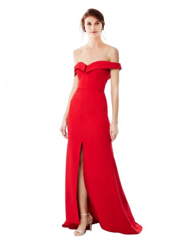 Rojo línea A Hombros Descubiertos Crepé Elástico Largo Formales Vestidos de dama de honor / Vestidos de fiesta Fábrica