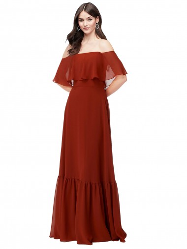 Rojo línea A Hombros Descubiertos Gasa Largo Vestidos de dama de honor Fábrica