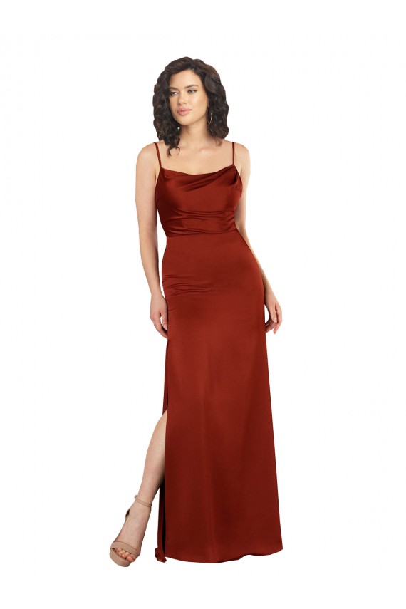 Rojo línea A Tirantes espagueti Cuadrado Satén sedoso Largo Formales Vestidos de dama de honor / Vestidos de fiesta Fábrica