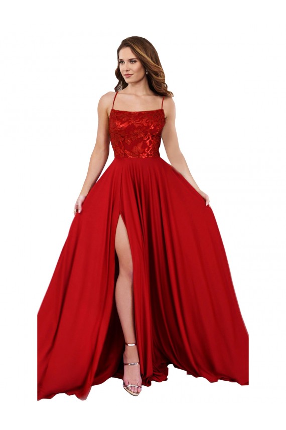 Rojo línea A Tirantes espagueti Cuadrado Spandex Encaje Largo Vestidos de dama de honor / Vestidos de fiesta Fábrica