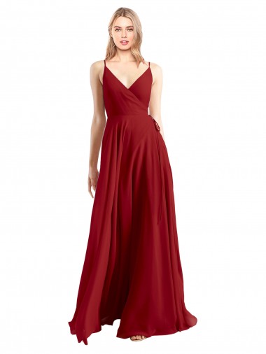 Rojo línea A Tirantes espagueti Cuello en V Gasa Largo Vestidos de dama de honor Fábrica