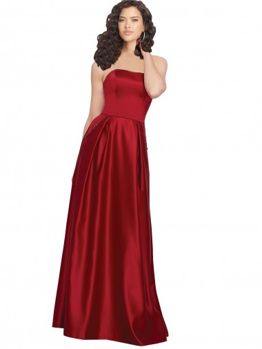 Rojo oscuro línea A Sin tirantes Satén Largo Vestidos de dama de honor / Vestidos de fiesta Fábrica