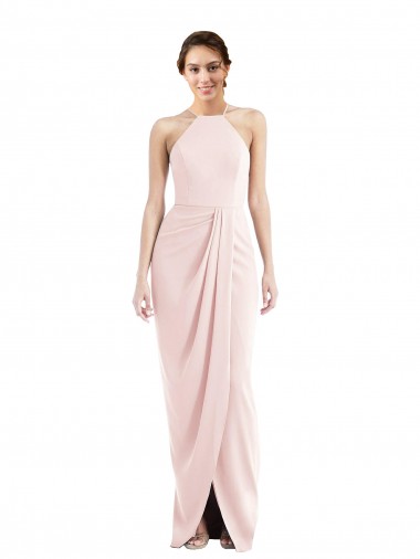 Rosa Trompeta Halter Crepé Elástico Largo Vestidos de dama de honor / Vestidos de fiesta Fábrica