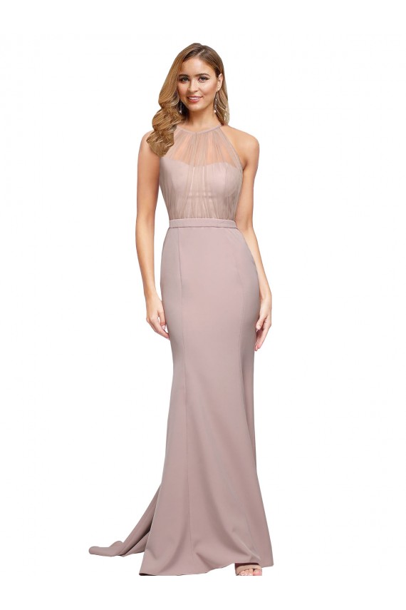 Rosa empolvado Cubierta Cuello Alto Barrer tren Crepé Elástico Largo Formales Vestidos de dama de honor / Vestidos de fiesta Fábrica