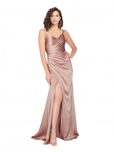 Rosa empolvado Cubierta Cuello en V Satén sedoso Largo Formales Vestidos de dama de honor / Vestidos de fiesta Fábrica