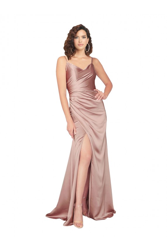 Rosa empolvado Cubierta Cuello en V Satén sedoso Largo Formales Vestidos de dama de honor / Vestidos de fiesta Fábrica