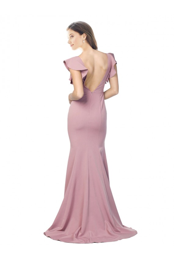 Rosa empolvado Sirena Cuello redondo Barrer tren Crepé Elástico Largo Formales Vestidos de dama de honor / Vestidos de fiesta Fábrica