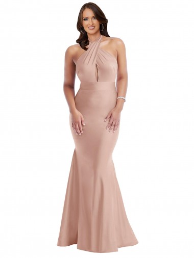 Rosa empolvado Sirena Halter Satén sedoso Largo Formales Vestidos de dama de honor / Vestidos de fiesta Fábrica