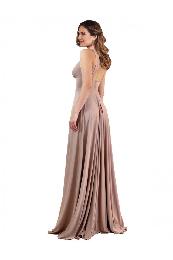 Rosa empolvado línea A Cuello en V Spandex Largo Formales Vestidos de dama de honor / Vestidos de fiesta Fábrica