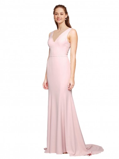 Rosa línea A Cuello en V Barrer tren Crepé Elástico Largo Vestidos de dama de honor / Vestidos de fiesta Fábrica