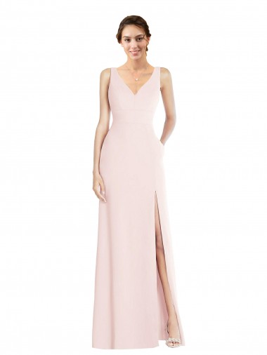 Rosa línea A Cuello en V Crepé Elástico Largo Vestidos de dama de honor / Vestidos de fiesta Fábrica