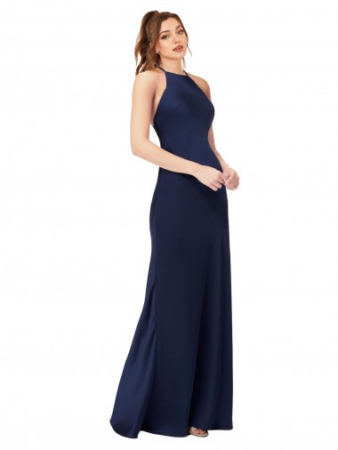 Sapphire Cubierta Cuello Alto Satén sedoso Largo Formales Vestidos de dama de honor / Vestidos de fiesta Fábrica