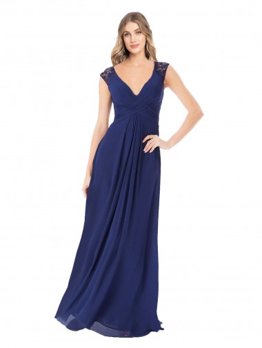 Sapphire línea A Cuello en V Gasa Largo Vestidos de dama de honor Fábrica