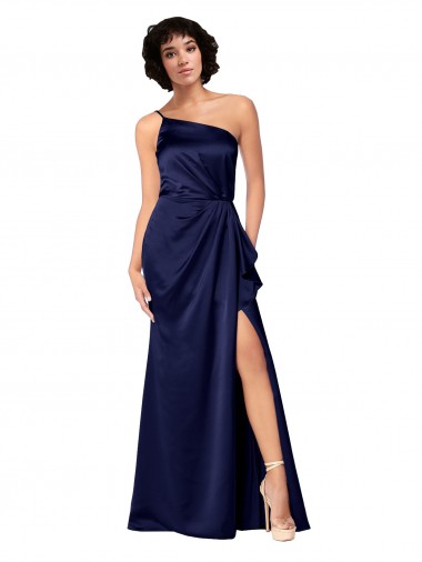 Sapphire línea A Un Hombre Satén sedoso Largo Formales Vestidos de dama de honor / Vestidos de fiesta Fábrica
