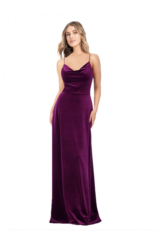 Uva línea A Cucharón Cuello en V Terciopelo Elástico Largo Formales Vestidos de dama de honor / Vestidos de fiesta Fábrica