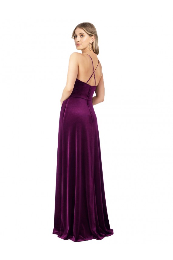 Uva línea A Cucharón Cuello en V Terciopelo Elástico Largo Formales Vestidos de dama de honor / Vestidos de fiesta Fábrica
