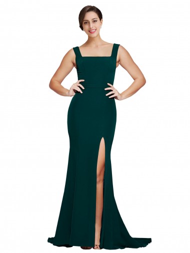 Verde Midnight Cubierta Cuadrado Barrer tren Crepé Elástico Largo Vestidos de dama de honor / Vestidos de fiesta Fábrica