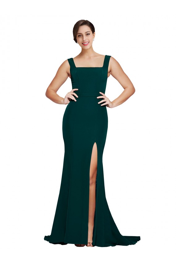 Verde Midnight Cubierta Cuadrado Barrer tren Crepé Elástico Largo Vestidos de dama de honor / Vestidos de fiesta Fábrica
