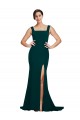 Verde Midnight Cubierta Cuadrado Barrer tren Crepé Elástico Largo Vestidos de dama de honor / Vestidos de fiesta Fábrica