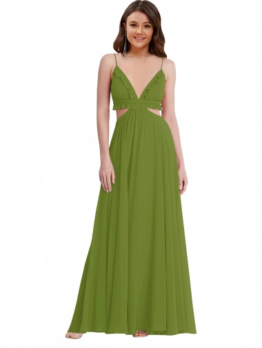 Verde Oliva línea A Cuello en V Gasa Largo Vestidos de dama de honor Fábrica