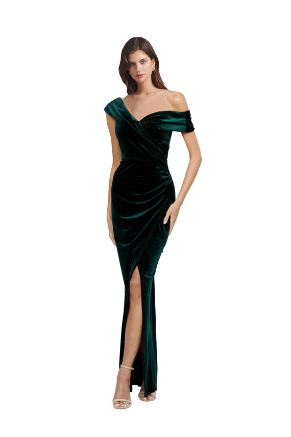 Verde oscuro Cubierta Hombros Descubiertos Terciopelo Elástico Largo Asimétrico Formales Vestidos de dama de honor / Vestidos de fiesta Fábrica
