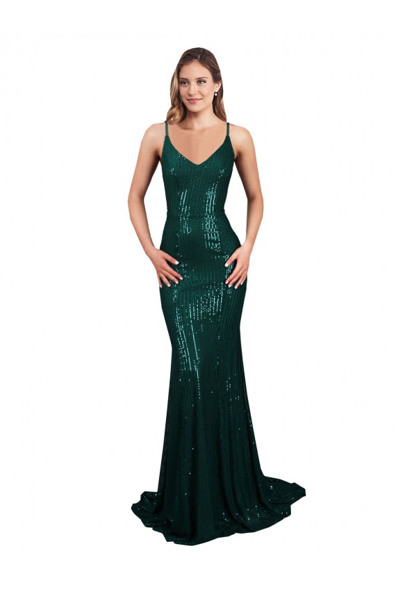 Verde oscuro Sirena Cuello en V Lentejuela Largo Formales Vestidos de dama de honor / Vestidos de fiesta Fábrica