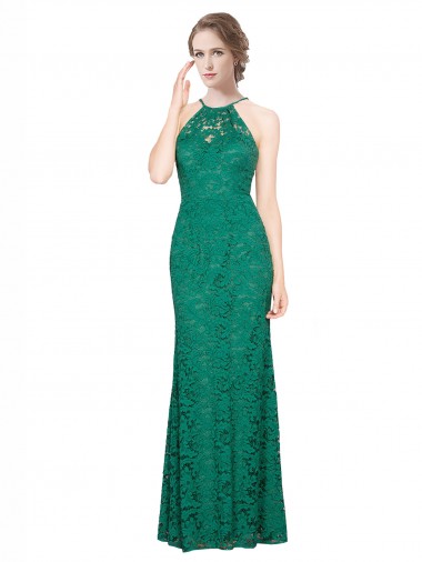 Verde oscuro Sirena Halter Cuello Alto Encaje Largo Vestidos de dama de honor / Vestidos de fiesta Fábrica