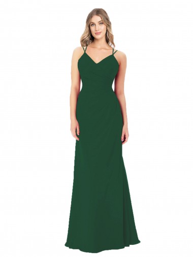 Verde oscuro línea A Cuello en V Cuello de Corazón Gasa Largo Vestidos de dama de honor Fábrica