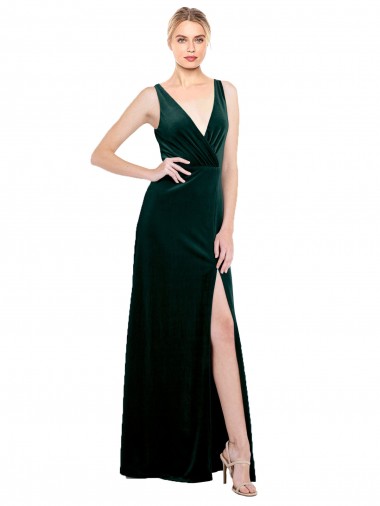 Verde oscuro línea A Cuello en V Terciopelo Elástico Largo Formales Vestidos de dama de honor / Vestidos de fiesta Fábrica