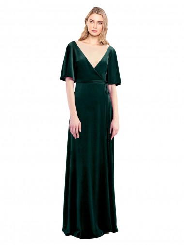 Verde oscuro línea A Cuello en V Terciopelo Elástico Largo Vestidos de dama de honor / Vestidos de fiesta Fábrica