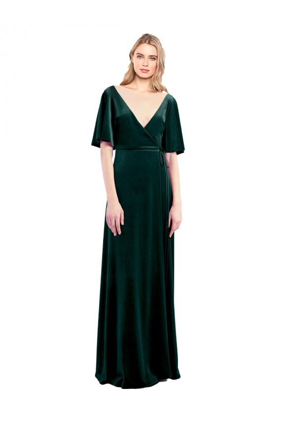 Verde oscuro línea A Cuello en V Terciopelo Elástico Largo Vestidos de dama de honor / Vestidos de fiesta Fábrica