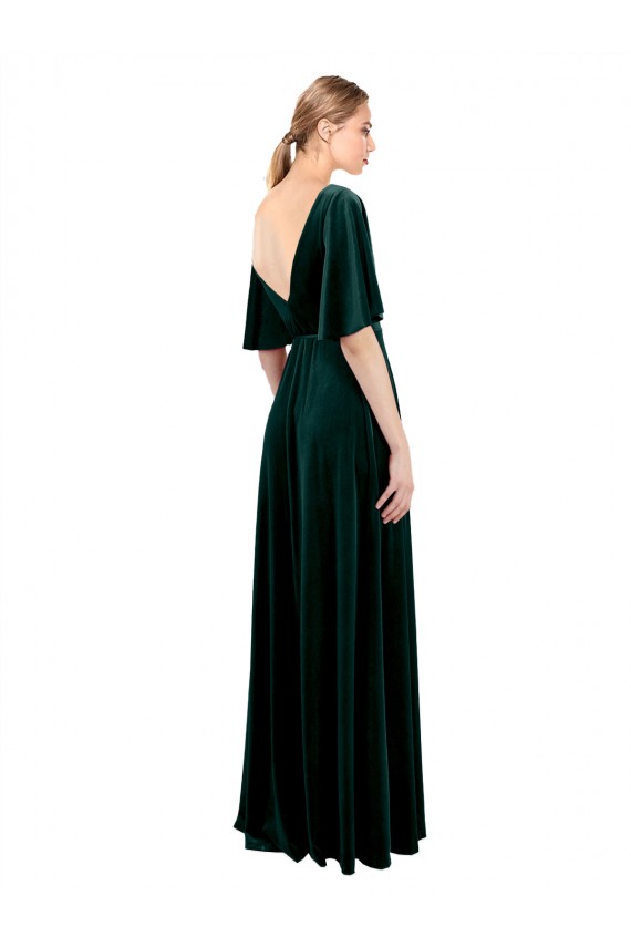 Verde oscuro línea A Cuello en V Terciopelo Elástico Largo Vestidos de dama de honor / Vestidos de fiesta Fábrica