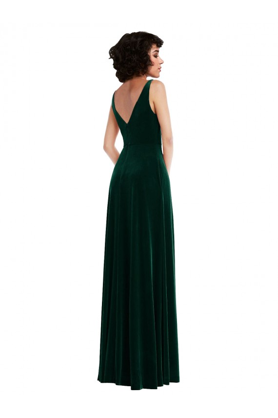 Verde oscuro línea A Cuello en V Terciopelo Elástico Largo Vestidos de dama de honor / Vestidos de fiesta Fábrica