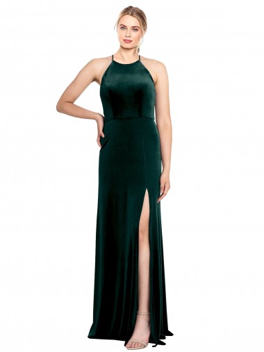 Verde oscuro línea A Tirantes espagueti Cuello joya Terciopelo Elástico Largo Vestidos de dama de honor / Vestidos de fiesta Fábrica