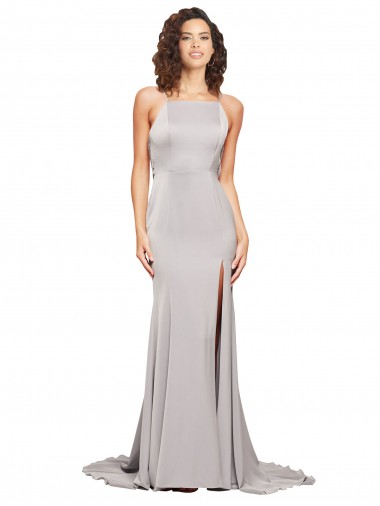 línea A Cuello Alto Barrer tren Satén elástico Largo Formales Vestidos de dama de honor / Vestidos de fiesta Fábrica