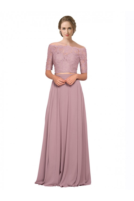 línea A Hombros Descubiertos Gasa Encaje Largo Vestidos de dama de honor / Vestidos de fiesta Fábrica